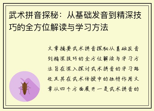 武术拼音探秘：从基础发音到精深技巧的全方位解读与学习方法